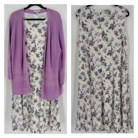 CJ Banks Women's Floral Knit Sweater Midi Dress Set 2 Piece Purple White Size 1X - Picture 2 of 15